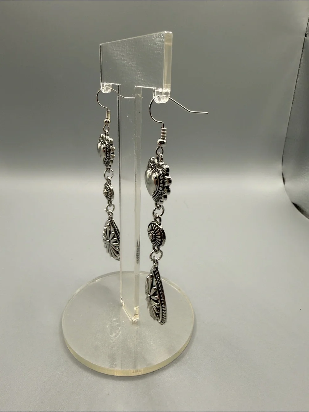 Silver Tone Heart & Teardrop Dangle Earrings - Handmade #E0455C